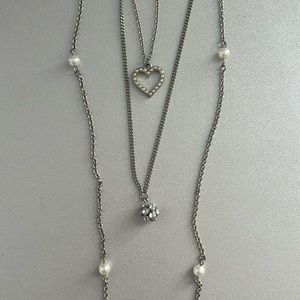 American Eagle Outfitters Three Strand Silver Heart and Pearl Necklace